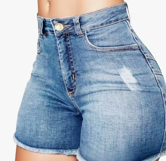 Sexy women high waist denim shorts raw edge stretchy shorts