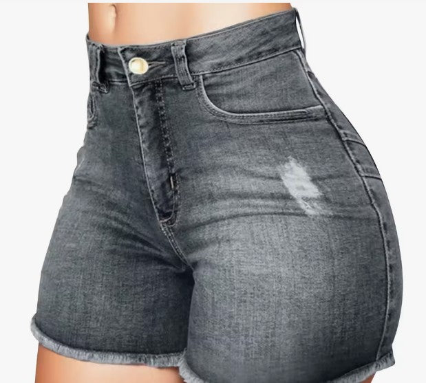 Sexy women high waist denim shorts raw edge stretchy shorts