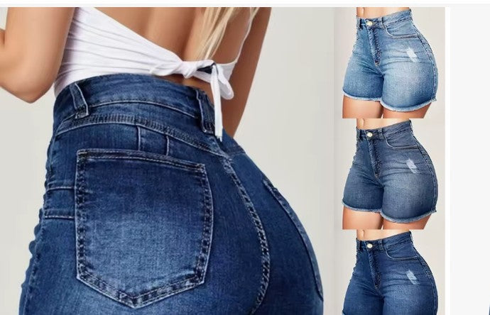 Sexy women high waist denim shorts raw edge stretchy shorts